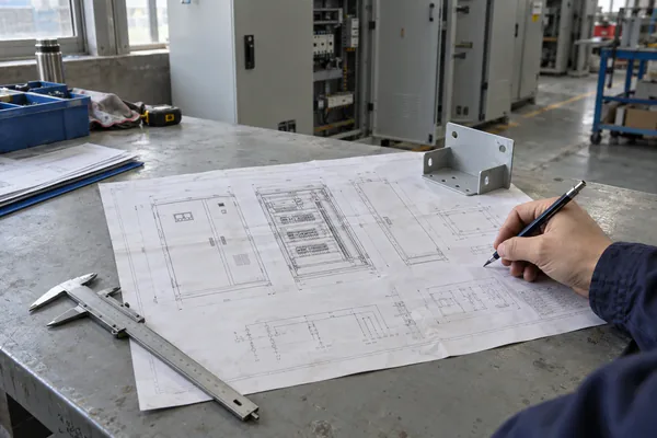 电气工程工作台上的图纸与量具